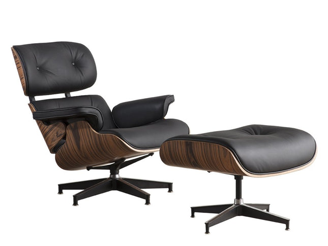 35" Black and Brown Genuine Leather Tufted Swivel Lounge Chair With Ottoman