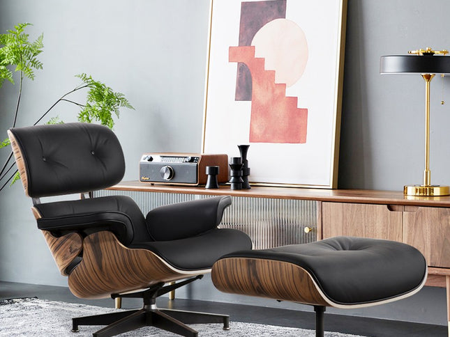 35" Black and Brown Genuine Leather Tufted Swivel Lounge Chair With Ottoman