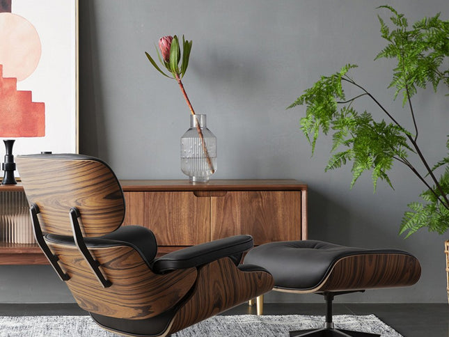 35" Black and Brown Genuine Leather Tufted Swivel Lounge Chair With Ottoman