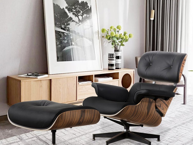 35" Black and Brown Genuine Leather Tufted Swivel Lounge Chair With Ottoman