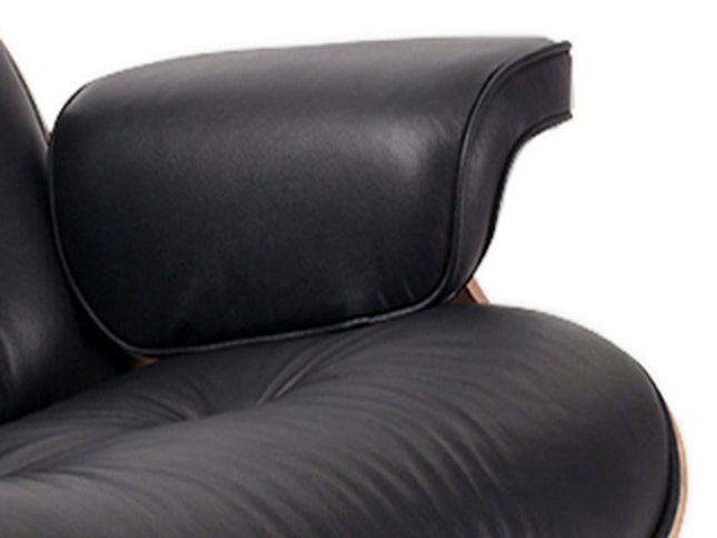 35" Black and Brown Genuine Leather Tufted Swivel Lounge Chair With Ottoman