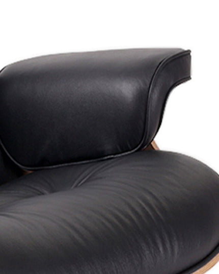 35" Black and Brown Genuine Leather Tufted Swivel Lounge Chair With Ottoman