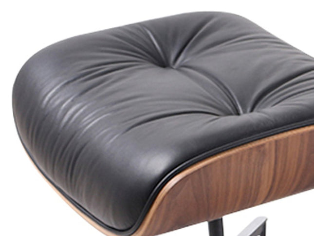 35" Black and Brown Genuine Leather Tufted Swivel Lounge Chair With Ottoman