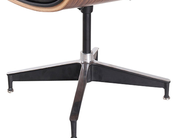 35" Black and Brown Genuine Leather Tufted Swivel Lounge Chair With Ottoman