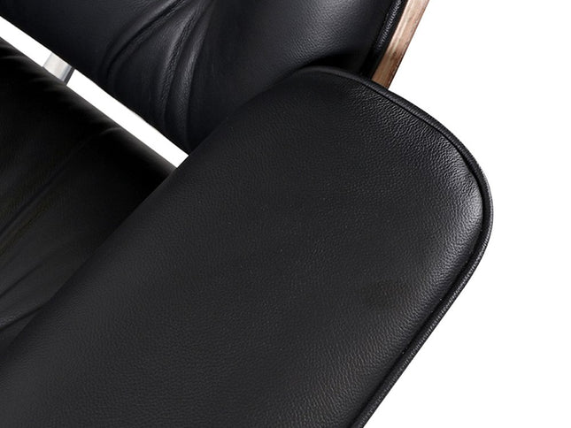 35" Black and Brown Genuine Leather Tufted Swivel Lounge Chair With Ottoman