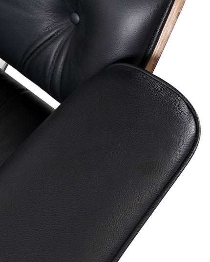 35" Black and Brown Genuine Leather Tufted Swivel Lounge Chair With Ottoman