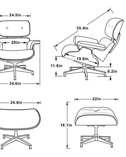 35" Black and Brown Genuine Leather Tufted Swivel Lounge Chair With Ottoman