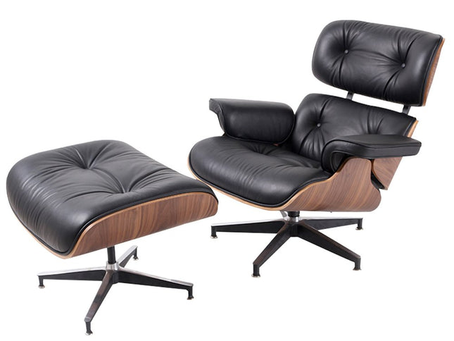 35" Black and Brown Genuine Leather Tufted Swivel Lounge Chair With Ottoman