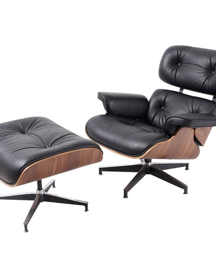 35" Black and Brown Genuine Leather Tufted Swivel Lounge Chair With Ottoman