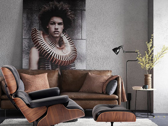 35" Black and Brown Genuine Leather Tufted Swivel Lounge Chair With Ottoman