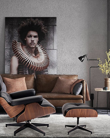 35" Black and Brown Genuine Leather Tufted Swivel Lounge Chair With Ottoman