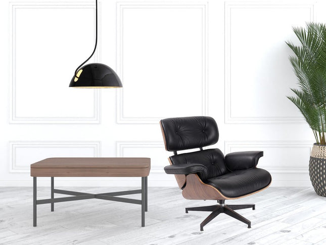 35" Black and Brown Genuine Leather Tufted Swivel Lounge Chair With Ottoman