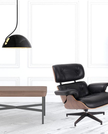 35" Black and Brown Genuine Leather Tufted Swivel Lounge Chair With Ottoman