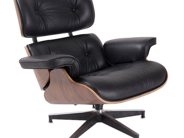 35" Black and Brown Genuine Leather Tufted Swivel Lounge Chair With Ottoman