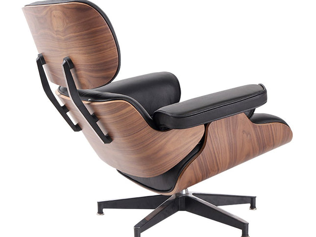 35" Black and Brown Genuine Leather Tufted Swivel Lounge Chair With Ottoman