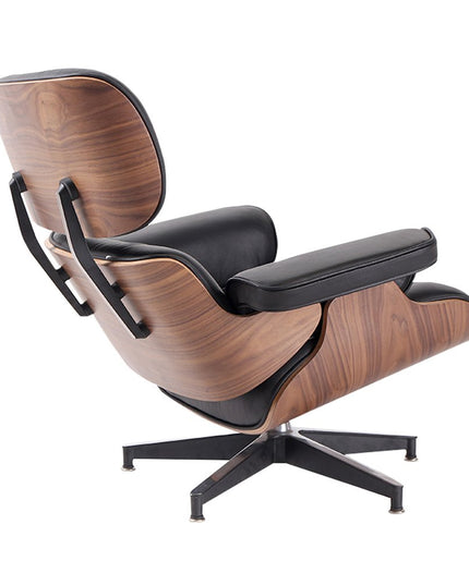 35" Black and Brown Genuine Leather Tufted Swivel Lounge Chair With Ottoman