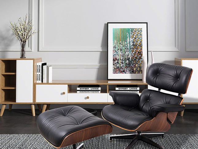 35" Black and Brown Genuine Leather Tufted Swivel Lounge Chair With Ottoman