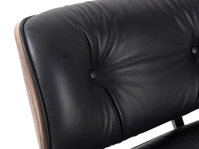 35" Black and Brown Genuine Leather Tufted Swivel Lounge Chair With Ottoman