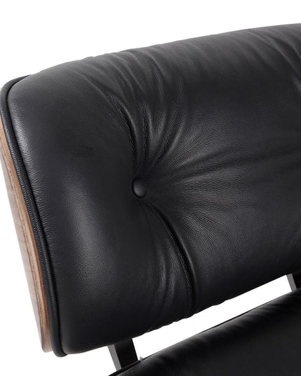 35" Black and Brown Genuine Leather Tufted Swivel Lounge Chair With Ottoman