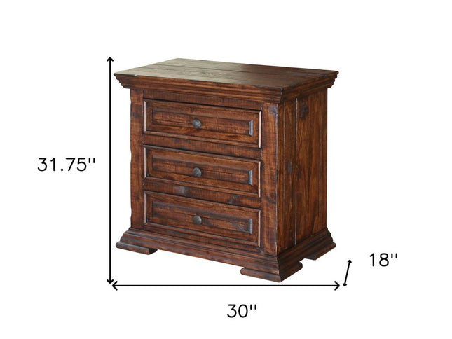 32" Brown Solid Wood Three Drawer Nightstand