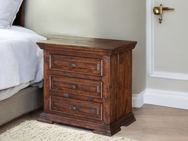 32" Brown Solid Wood Three Drawer Nightstand