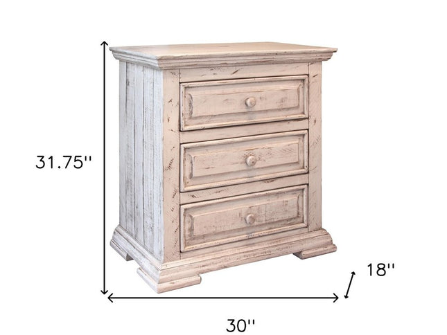 32" White Solid Wood Three Drawer Nightstand