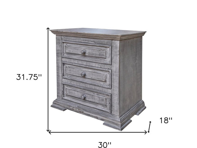 32" Gray Solid Wood Three Drawer Nightstand