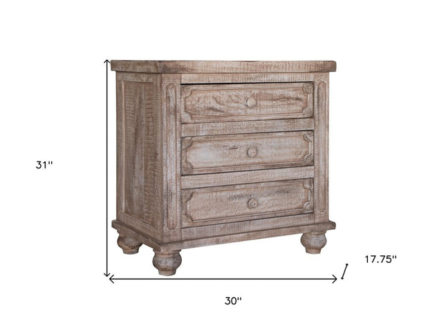 31" Brown Solid Wood Three Drawer Nightstand