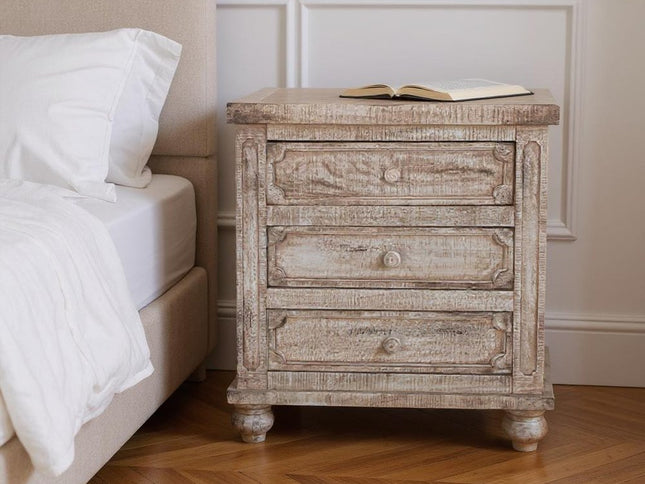 31" Brown Solid Wood Three Drawer Nightstand