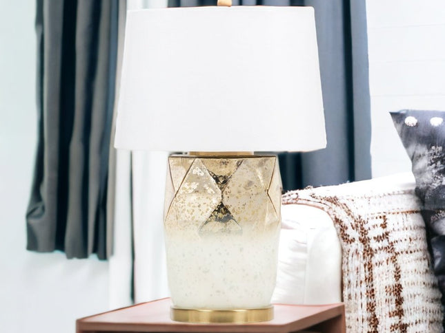 22" White and Gold Mercury Glass Table Lamp With White Cone Shade