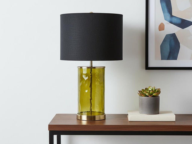 22" Green Glass LED Table Lamp With Black Drum Shade