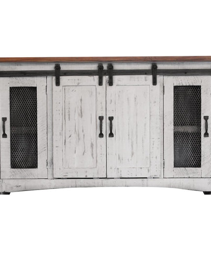 60" White Solid Wood Cabinet Enclosed Storage Distressed TV Stand