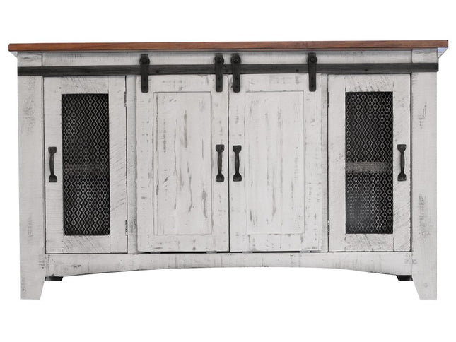 70" White Solid Wood Cabinet Enclosed Storage Distressed TV Stand