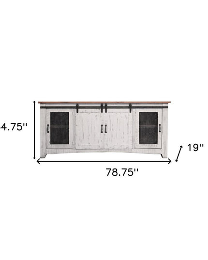 79" White Solid Wood Cabinet Enclosed Storage Distressed TV Stand