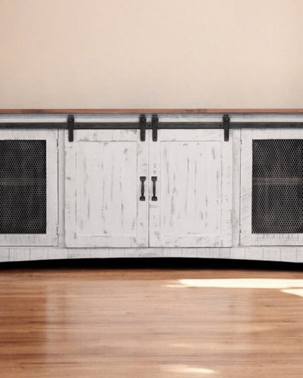 79" White Solid Wood Cabinet Enclosed Storage Distressed TV Stand