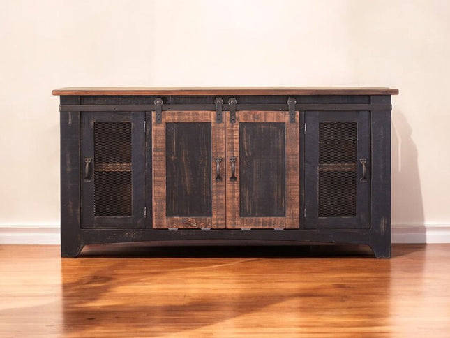 60" Black Solid Wood Cabinet Enclosed Storage Distressed TV Stand