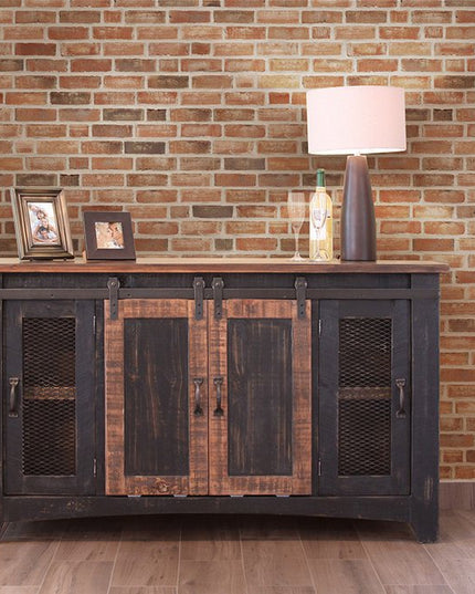 60" Black Solid Wood Cabinet Enclosed Storage Distressed TV Stand