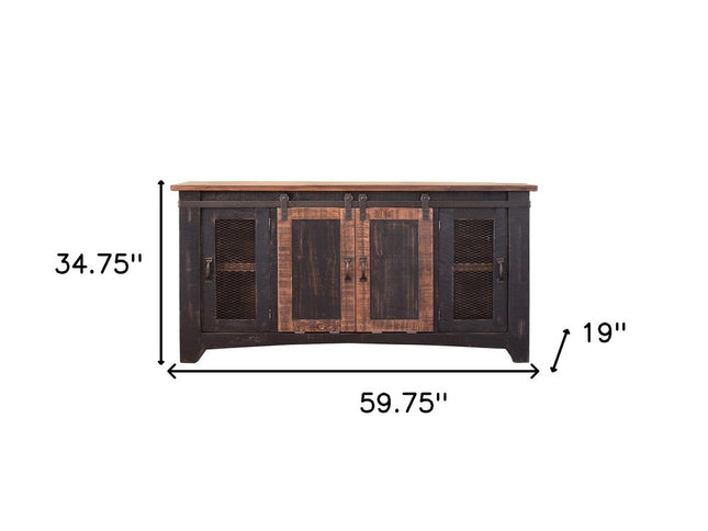 60" Black Solid Wood Cabinet Enclosed Storage Distressed TV Stand
