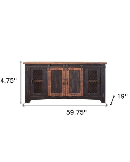 60" Black Solid Wood Cabinet Enclosed Storage Distressed TV Stand