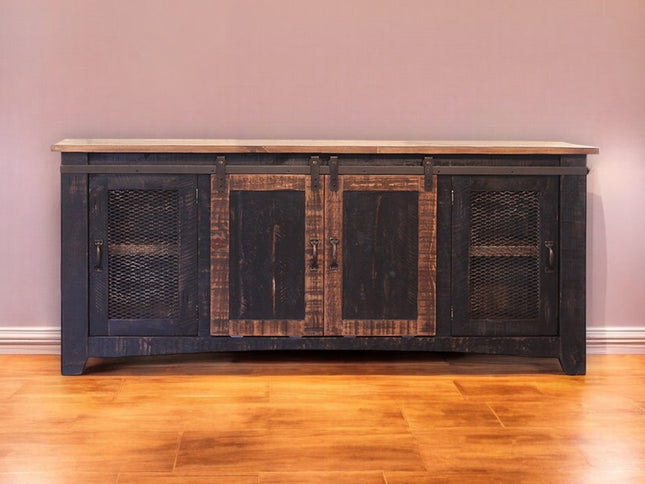 70" Black Solid Wood Cabinet Enclosed Storage Distressed TV Stand
