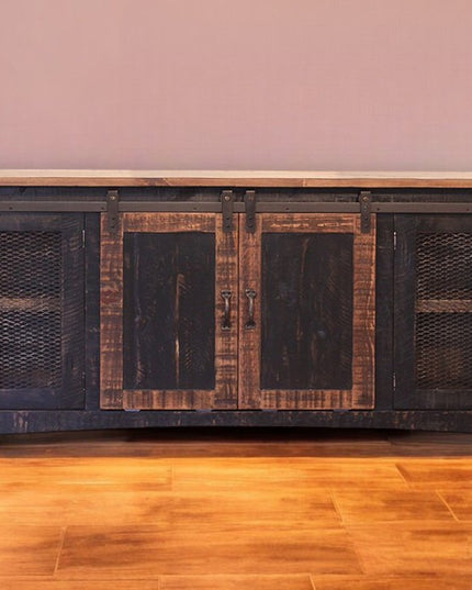 70" Black Solid Wood Cabinet Enclosed Storage Distressed TV Stand