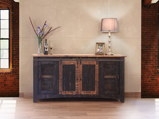 70" Black Solid Wood Cabinet Enclosed Storage Distressed TV Stand