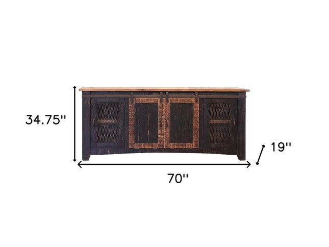 70" Black Solid Wood Cabinet Enclosed Storage Distressed TV Stand