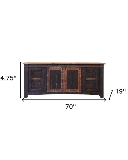 70" Black Solid Wood Cabinet Enclosed Storage Distressed TV Stand