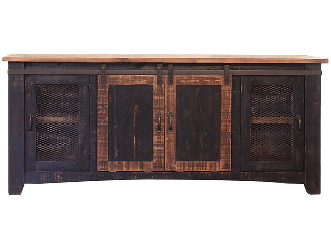 70" Black Solid Wood Cabinet Enclosed Storage Distressed TV Stand