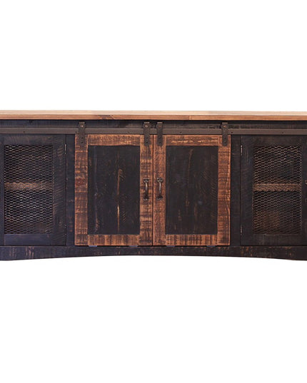 70" Black Solid Wood Cabinet Enclosed Storage Distressed TV Stand