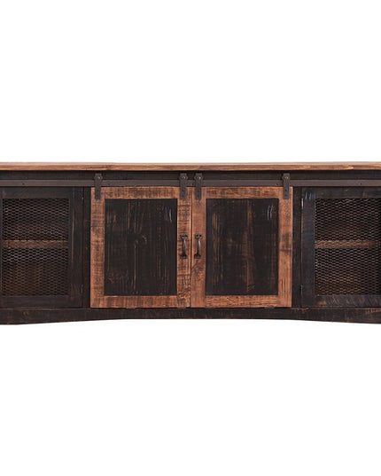 79" Black Solid Wood Cabinet Enclosed Storage Distressed TV Stand