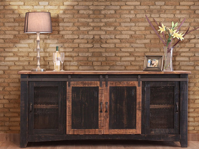 79" Black Solid Wood Cabinet Enclosed Storage Distressed TV Stand