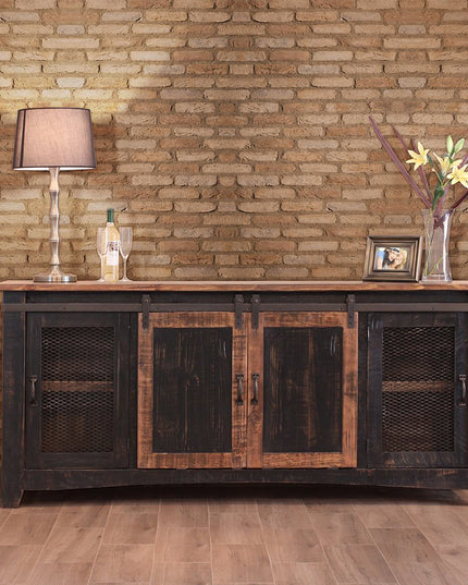 79" Black Solid Wood Cabinet Enclosed Storage Distressed TV Stand