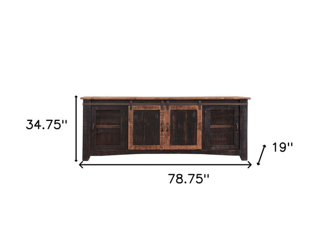 79" Black Solid Wood Cabinet Enclosed Storage Distressed TV Stand